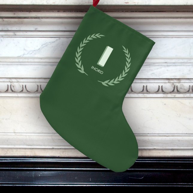 Grande Chaussette De Noël Green Laurel Wreath Letter I Monogram  (Créateur téléchargé)