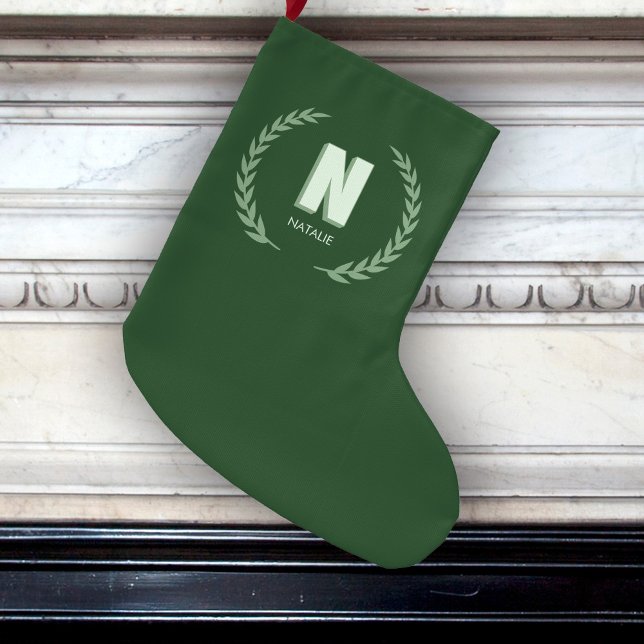 Grande Chaussette De Noël Green Laurel Wreath Letter N Monogram  (Créateur téléchargé)