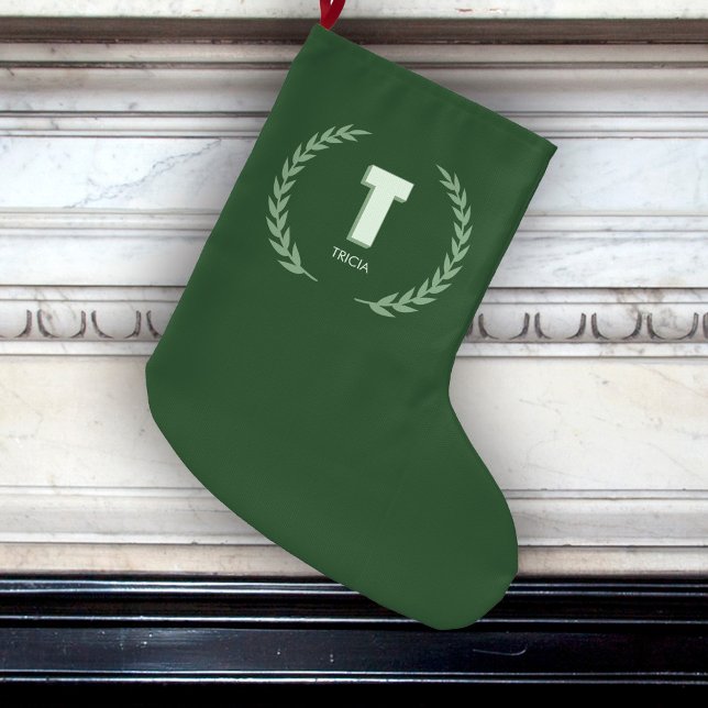 Grande Chaussette De Noël Green Laurel Wreath Letter T Monogram  (Créateur téléchargé)