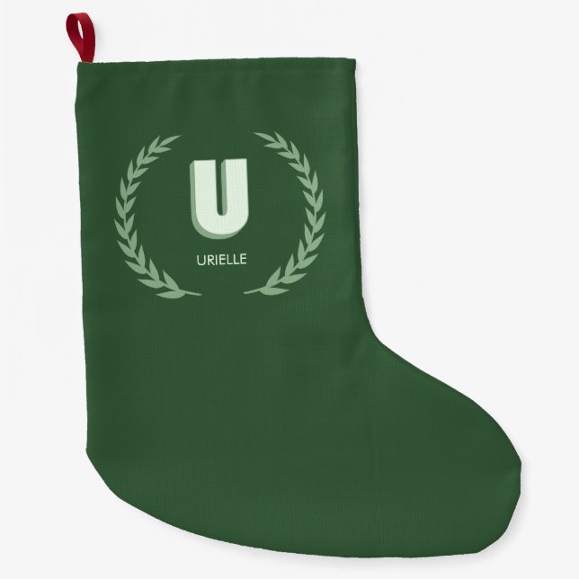 Grande Chaussette De Noël Green Laurel Wreath Letter U Monogram  (Devant)