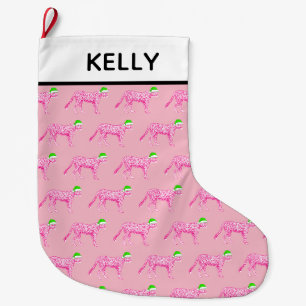 Grande Chaussette De Noël Guépard rose en chapeau de Père Noël