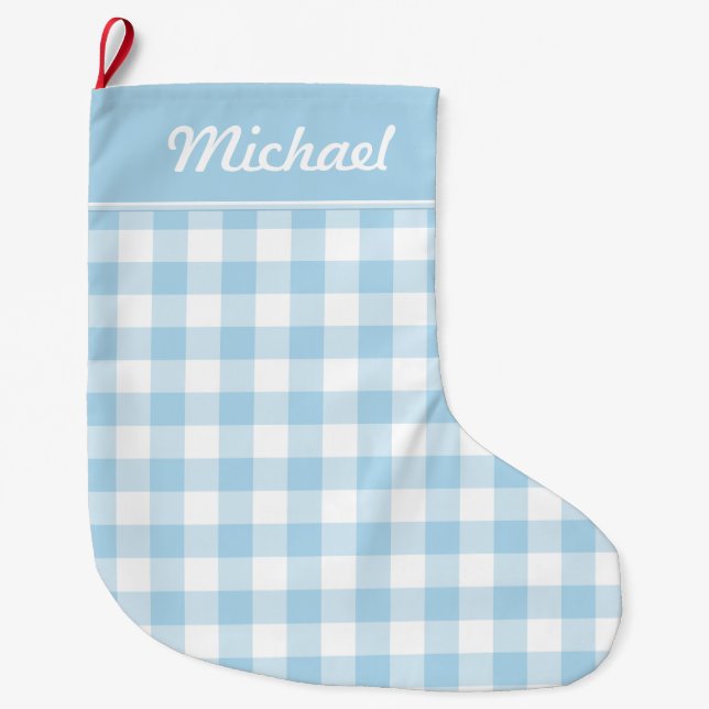 Grande Chaussette De Noël Guingan de bleus layette et de blanc personnalisé (Devant)