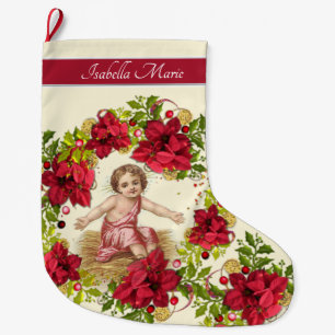 Grande Chaussette De Noël Guirlande de Jésus Pointsettia de bébé de Noël