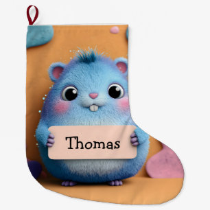Grande Chaussette De Noël Hamster bleu bouffant tenant un signe avec nom