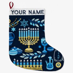 Grande Chaussette De Noël Hanoukka Chanukah Bleu moderne Noël juif
