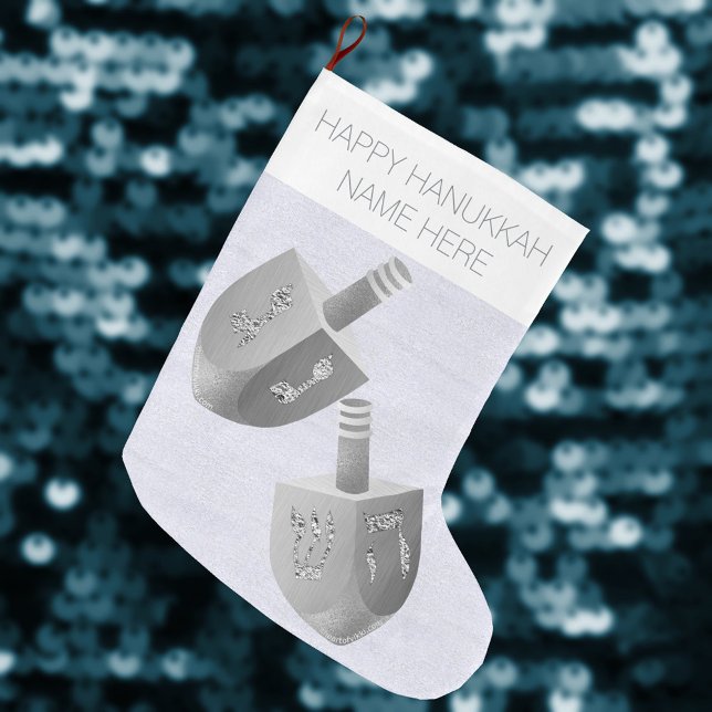 Grande Chaussette De Noël Hanoukka Dreidel Faux Silver Sparkle Chrismukkah (Silvery dreidels on this Hanukkah Christmas stocking are a festive touch for interfaith celebration )