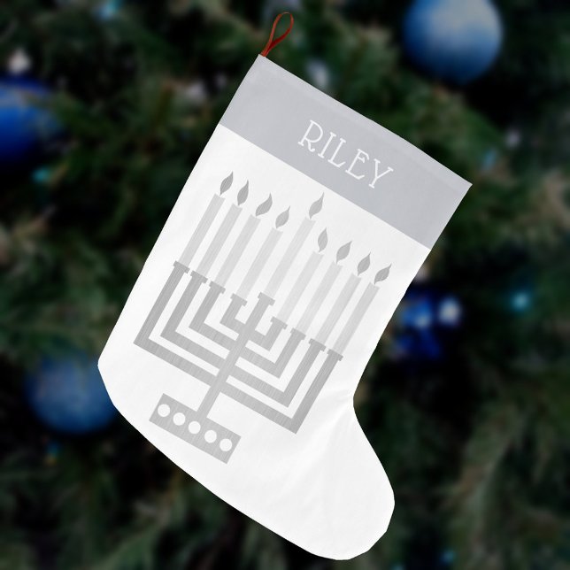 Grande Chaussette De Noël Hanoukka Menorah Silver Tone Élégant Moderne (Add a name to this faux silver Hanukkah menorah Christmas stocking for a personalized holiday gift)