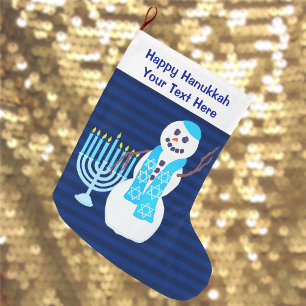 Grande Chaussette De Noël Hanoukka Snowman Juif Menorah Bleu Pour Enfants
