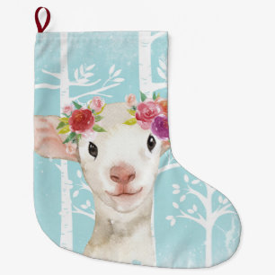 Grande Chaussette De Noël Happy Animal avec Fleurs en Bleu Forêt-Mouton
