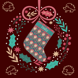 Grande Chaussette De Noël Hérisson Rouge Dans Le Motif De L'Arbre De Noël