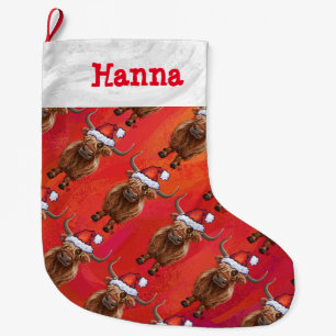 Grande Chaussette De Noël Highland personnalisé à Santa Hat Motif sur rouge