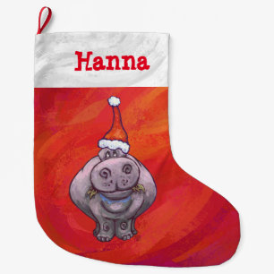 Grande Chaussette De Noël Hippopotame mignon dans le casquette de Père Noël
