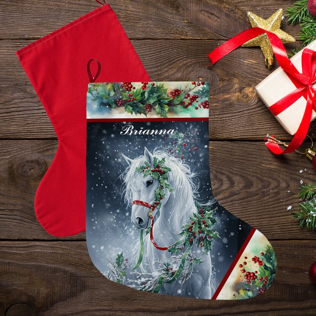 Grande Chaussette De Noël Hiver Étalon blanc Cheval de Noël Stocker (Créateur téléchargé)