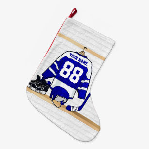Grande Chaussette De Noël Hockey sur glace bleu et blanc personnalisé Jerse