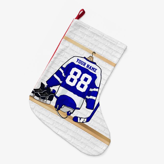 Grande Chaussette De Noël Hockey sur glace bleu et blanc personnalisé Jersey (Devant (Accrochage))