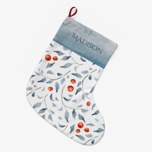 Grande Chaussette De Noël Holly Berry Aquarelle Typographie Bleue Pays