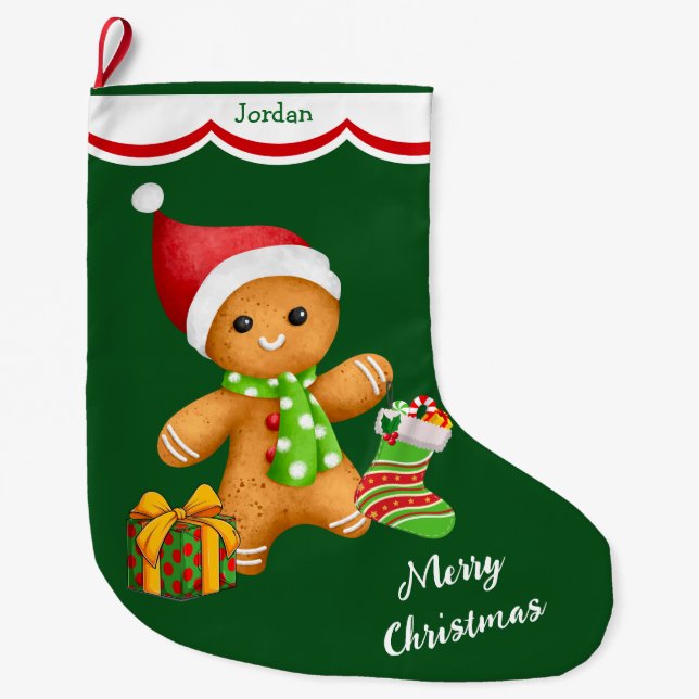 Grande Chaussette De Noël Homme en pain d'épices mignon Père Noël (Devant)