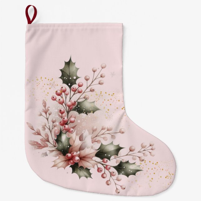 Grande Chaussette De Noël Houx et Baies Rose Pâle (Devant)