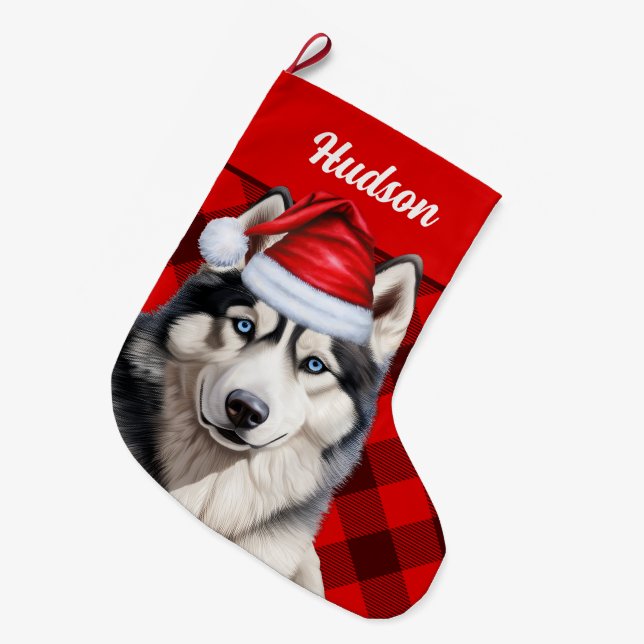 Grande Chaussette De Noël Husky Dog's Name Red Buffalo Plaid Personnalisé (Devant (Accrochage))
