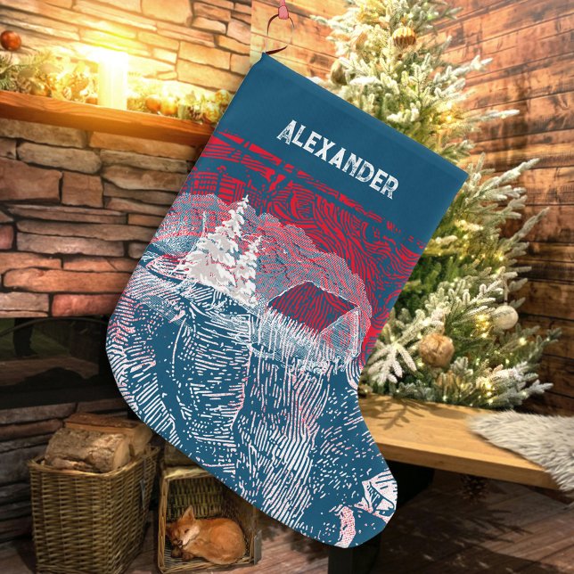 Grande Chaussette De Noël Illustration gravée de paysage d'hiver ❄ (❄ Winter Landscape Engraved Illustration Large Christmas Stocking ©Susanne Sachers - Sunny Mind )