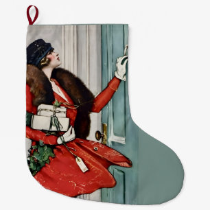 Grande Chaussette De Noël Illustration vintage de Noël sur le pas de la port