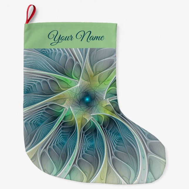 Grande Chaussette De Noël Imaginaire fractal bleu moderne Nom propre (Devant)