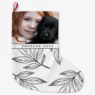 Grande Chaussette De Noël Impression botanique avec photo et nom Noir