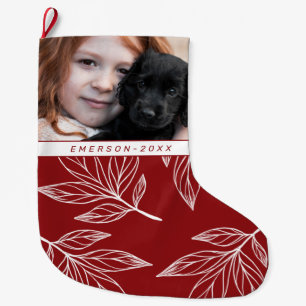 Grande Chaussette De Noël Impression botanique avec photo et nom Red Holiday