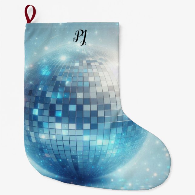 Grande Chaussette De Noël Initiales de boule disco lumineuse bleue  (Devant)