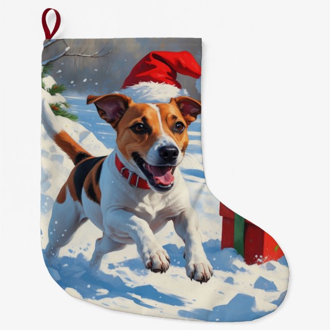 Grande Chaussette De Noël Jack Russell Courir en neige avec Casquette de Noë (Devant)