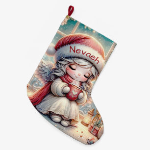 Grande Chaussette De Noël Joli ange de Noël Boire Chocolat Chaud