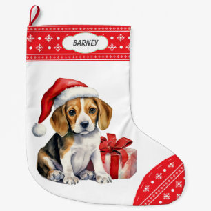 Grande Chaussette De Noël Joli Beagle Chiot Santa Hat Feu de neige frontière
