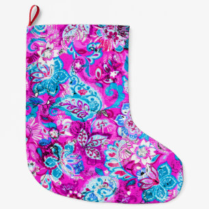 Grande Chaussette De Noël Joli bleu rose fleurs motif
