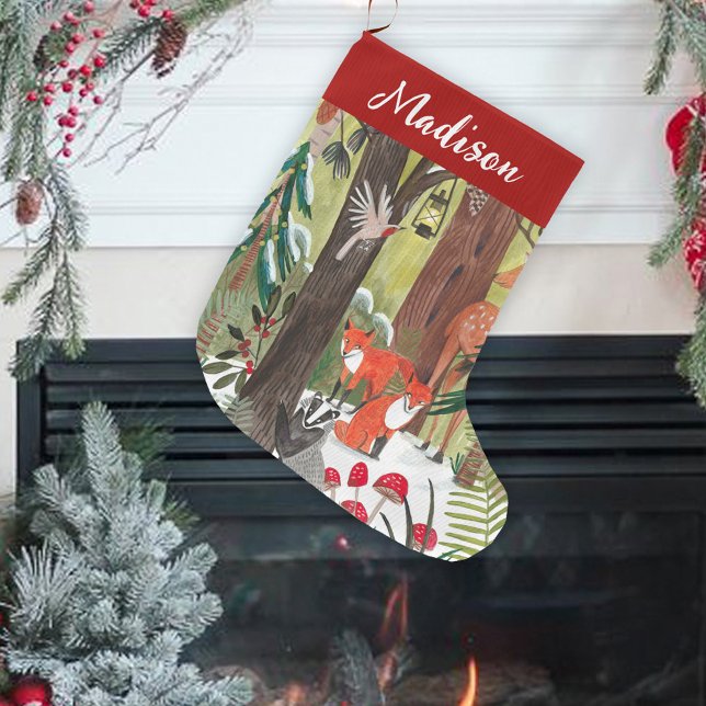 Grande Chaussette De Noël Joli Bois animaux Noël vert (Cute Woodland animals Green Christmas Large Christmas Stocking)