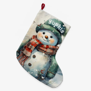 Grande Chaussette De Noël Joli bonhomme de neige aquarelle personnalisé
