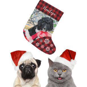Grande Chaussette De Noël Joli carreau rouge nom personnalisé de chien