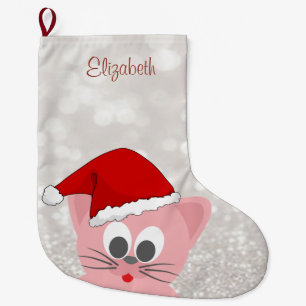 Grande Chaussette De Noël Joli Chat Avec Chapeau De Père Noël, Bokeh Paillet