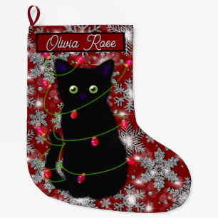Grande Chaussette De Noël Joli chat noir Meowy Noël flocon de neige scintill
