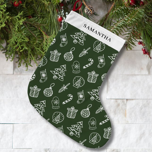 Grande Chaussette De Noël Joli Doodle Vert Blanc (Créateur téléchargé)