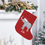 Grande Chaussette De Noël Joli éléphant Santa Hat Personnalisé Rouge<br><div class="desc">Ce beau stock d'éléphant de Noël présente un bel éléphant souriant portant un chapeau de Père Noël rouge avec un tronc surélevé. Ce joli stock de Noël animal personnalisé est décoré d'un charmant arrière - plan de vacances vert. Personnalisez avec votre propre texte en bas pour un cadeau élégant.</div>