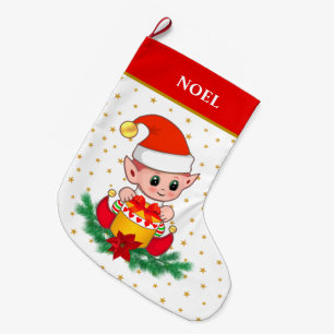 Grande Chaussette De Noël Joli elfe de Noël, étoiles, poinsettia et pin