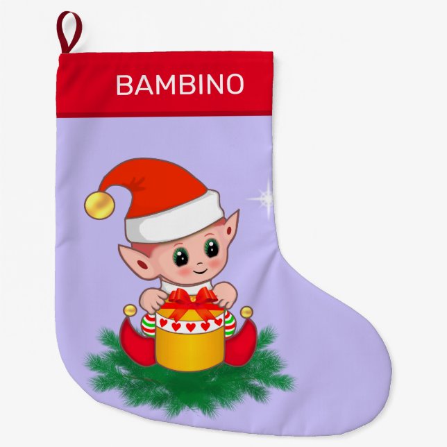 Grande Chaussette De Noël Joli elfe de Noël sur fond bleu pervenche (Devant)