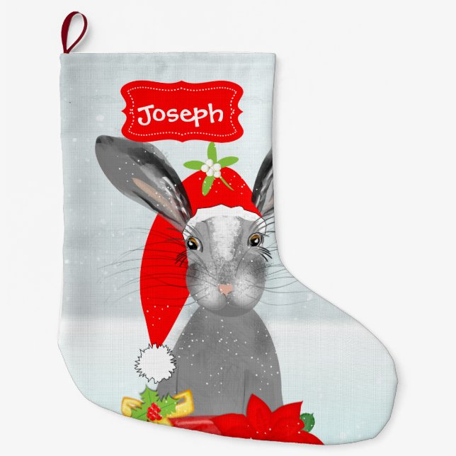 Grande Chaussette De Noël Joli lapin lapin de Noël modifiable (Devant)