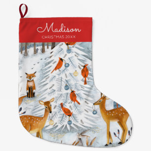 Grande Chaussette De Noël Joli motif d'animaux de la forêt rouge et bleu