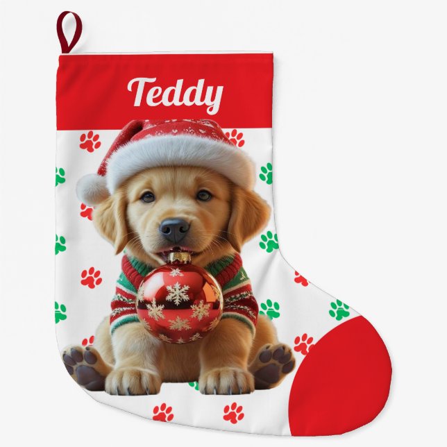 Grande Chaussette De Noël Joli Noël Golden Retriever Puppy Personnalisé (Devant)