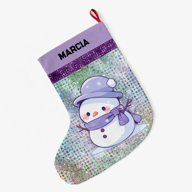Grande Chaussette De Noël Joli Noël Snowman Pastel Purple (Dos (Accrochage))