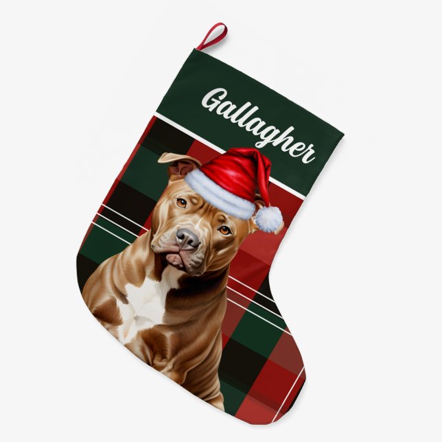 Grande Chaussette De Noël Joli Pitbull Chien Rouge Vert Plaid Personnalisé (Devant (Accrochage))