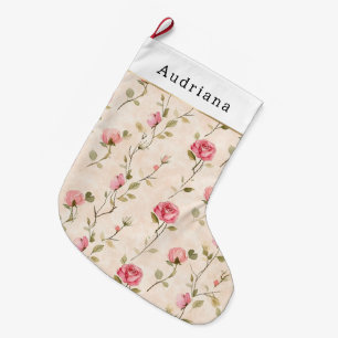 Grande Chaussette De Noël Jolie Rose Florale Rose Crème Noël