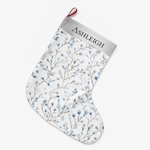 Grande Chaussette De Noël Jolies Fleurs Blanches Bleues de Noël