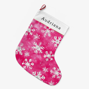 Grande Chaussette De Noël Jolies Flocons de Neige Blancs Roses Argentés de N